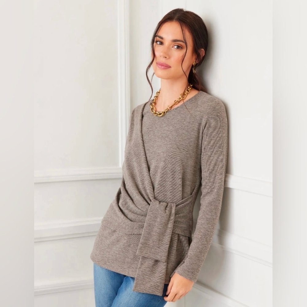 KAREN KANE Drape Front Knit Top Taupe Wrap Blouse Sz Large